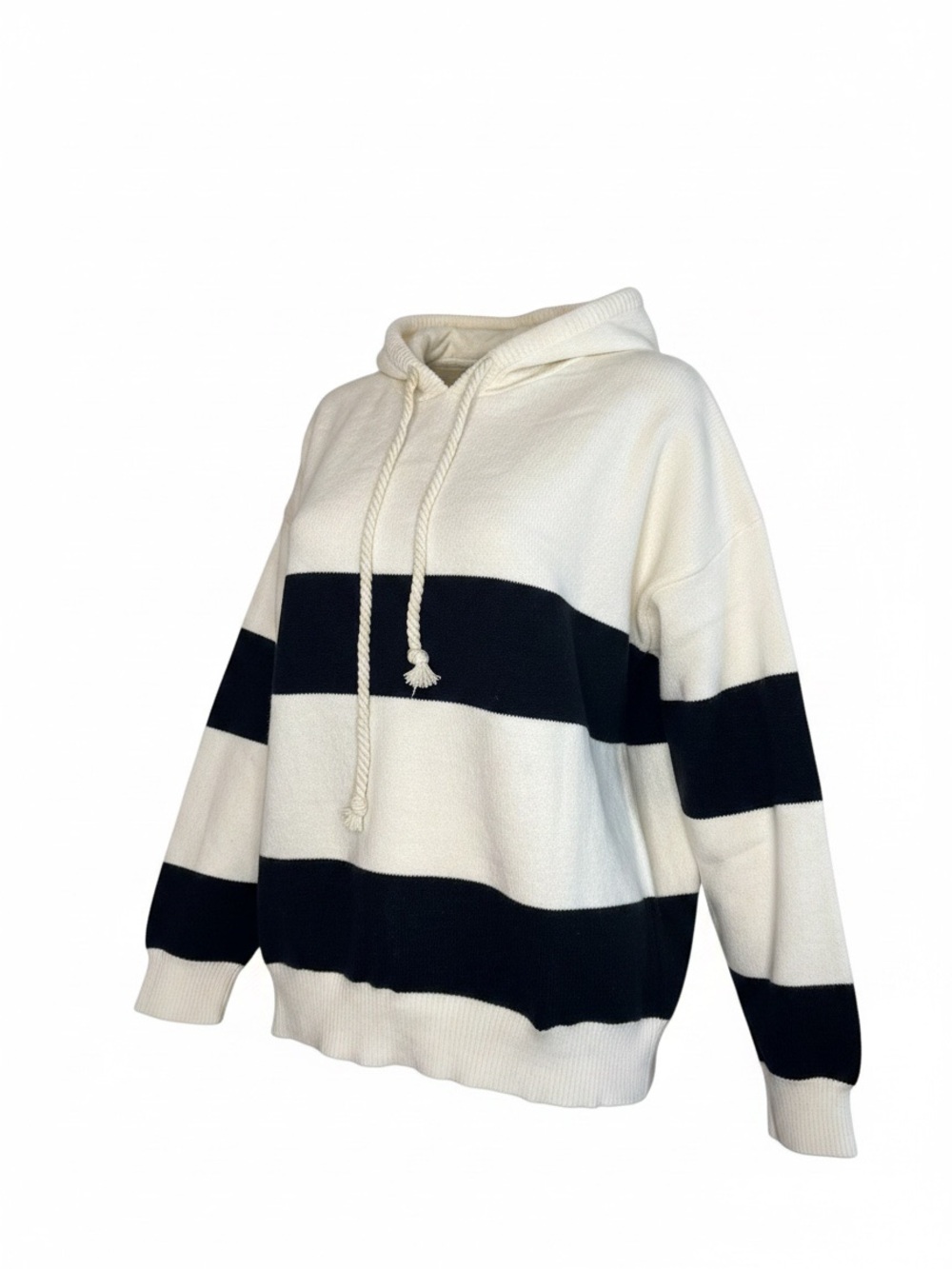 Women’s Hooded Striped Knit Sweater Size Large Black & Ivory Colorblock Pullover